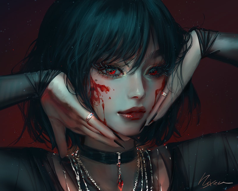 red eyes, profile, anime girls, black hair, necklace, portrait