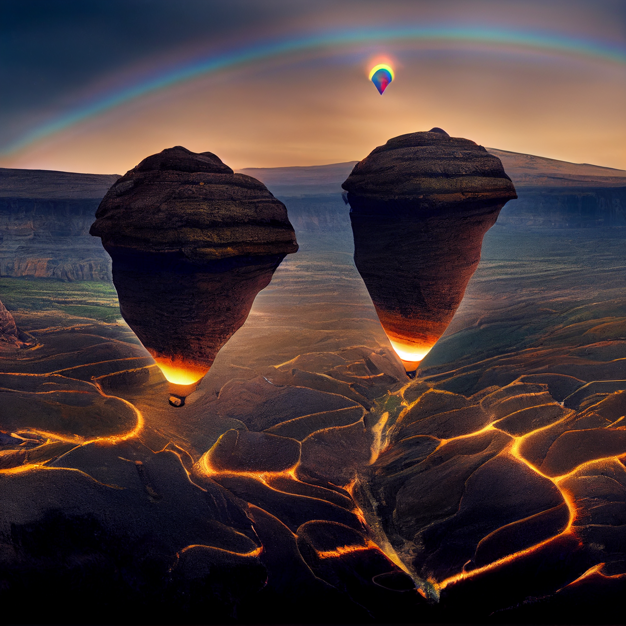 Twin rocks flying over the lava field